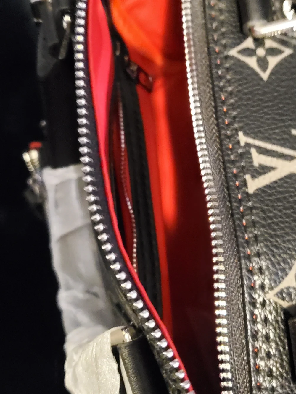 Monogram Print Black Satchel with Trunk Graphic and Chain Pouch
